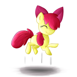 Size: 1024x1024 | Tagged: safe, artist:firepainter65, derpibooru import, apple bloom, earth pony, pony, adorabloom, apple bloom's bow, bow, cute, eyes closed, female, filly, foal, hair bow, happy, jumping, simple background, smiling, solo, white background