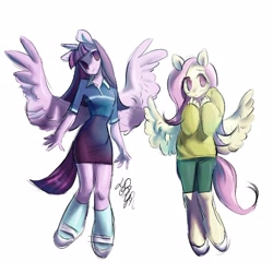 Size: 1600x1600 | Tagged: safe, artist:kesakesova, derpibooru import, fluttershy, twilight sparkle, twilight sparkle (alicorn), alicorn, anthro, pegasus, unguligrade anthro, duo, female, simple background, spread wings, white background, wings