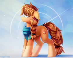 Size: 2500x2000 | Tagged: safe, artist:adagiostring, derpibooru import, oc, oc only, oc:morning latte, pony, unicorn, blaze (coat marking), clothes, coat markings, commission, cute, detailed, facial markings, female, horn, looking up, orange, scarf, simple background, socks (coat marking), solo, standing, sunshine, unicorn oc