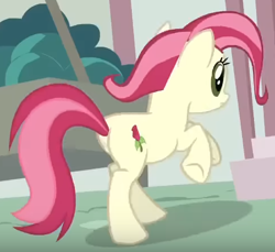 Size: 486x446 | Tagged: safe, derpibooru import, screencap, roseluck, earth pony, pony, bridle gossip, season 1, alternate hairstyle, animation error, background pony, cropped, female, galloping, mare, running, running away, solo, solo female, solo focus