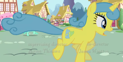 Size: 1123x565 | Tagged: safe, derpibooru import, screencap, lemon hearts, lyra heartstrings, pony, unicorn, applebuck season, season 1, alternate eye color, animation error, background pony, credits, cropped, eyeshadow, galloping, house, makeup, panicking, ponyville, running, scared, screaming, solo focus, text, wrong eye color