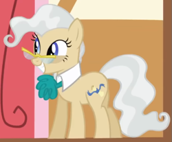 Size: 513x425 | Tagged: safe, derpibooru import, screencap, mayor mare, earth pony, pony, applebuck season, season 1, animation error, collar, cropped, female, glasses, grin, jabot, mare, smiling, solo, solo female, solo focus, standing