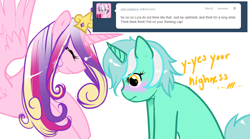 Size: 1080x600 | Tagged: safe, artist:azure-doodle, derpibooru import, lyra heartstrings, princess cadance, pony, blushing, sexually confused lyra, simple background, white background