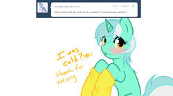 Size: 1080x600 | Tagged: safe, artist:azure-doodle, derpibooru import, lyra heartstrings, pony, blushing, clothes, sexually confused lyra, socks, solo