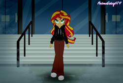 Size: 4694x3200 | Tagged: safe, derpibooru import, sunset shimmer, human, equestria girls, clothes, converse, dark, ear piercing, earring, evil grin, eyeshadow, fake screencap, fake screenshot, female, grin, high res, hoodie, human sunset, jewelry, makeup, pants, piercing, shoes, signature, smiling, sneakers, solo, wind, windswept hair