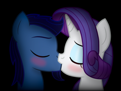 Size: 1920x1440 | Tagged: safe, artist:angryprogrockbrony, derpibooru exclusive, derpibooru import, rarity, oc, oc:starless, earth pony, unicorn, black background, blushing, canon x oc, duo, earth pony oc, eyes closed, female, kiss on the lips, kissing, male, mare, shipping, simple background, stallion, straight