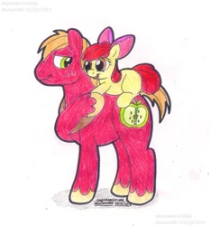 Size: 865x925 | Tagged: safe, artist:skywalkergirl666, apple bloom, big macintosh, earth pony, pony, apple bloom riding big macintosh, brother and sister, female, filly, foal, male, siblings, stallion, traditional art