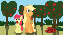 Size: 1280x720 | Tagged: safe, artist:jbond, apple bloom, applejack, earth pony, pony, apple, apple sisters, female, filly, foal, mare, mouth hold, siblings, sisters