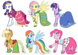 Size: 1171x833 | Tagged: safe, artist:rainbom__1122, derpibooru import, applejack, fluttershy, pinkie pie, rainbow dash, rarity, twilight sparkle, unicorn twilight, earth pony, pegasus, pony, unicorn, clothes, dress, female, gala dress, mane six, mare, no pupils, simple background, spread wings, white background, wings