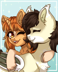 Size: 2160x2700 | Tagged: safe, artist:duskooky, derpibooru import, oc, oc only, oc:mocha, oc:morning latte, bat pony, pony, unicorn, blaze (coat marking), chest fluff, coat markings, commission, cute, ear fluff, ears, facial markings, fangs, female, hug, mare, smiling, ych result