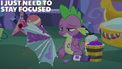 Size: 1920x1080 | Tagged: safe, derpibooru import, edit, edited screencap, editor:quoterific, screencap, spike, dragon, best gift ever, glitter, guitar, male, musical instrument, sleepy, solo, spike's room, twilight's castle, umbrella, winged spike, wings
