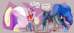 Size: 2870x1284 | Tagged: safe, artist:mountaindewdrawer, derpibooru import, princess cadance, princess luna, oc, alicorn, human, abstract background, air tank, anal insertion, blushing, clothes, commission, dialogue, duel, duo, fetish, glasses, hose, human oc, human to pony, inflatable, inflatable fetish, inflation, insertion, looking at each other, looking at someone, male to female, parade balloon, rule 63, sex toy, shiny, simple background, sketch, species swap, speech bubble, thighs, thunder thighs, torn clothes, transformation, transgender, transgender transformation