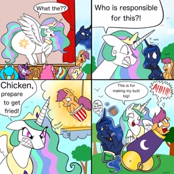Size: 1772x1772 | Tagged: safe, artist:therainbowtroll, derpibooru import, applejack, fluttershy, pinkie pie, princess celestia, princess luna, rainbow dash, scootaloo, twilight sparkle, twilight sparkle (alicorn), alicorn, pegasus, pony, unicorn, 4 panel comic, applejack's hat, beach chair, betrayal, blushing, bucket, cannon, chair, clothes, comic, cowboy hat, cross-popping veins, crown, deep frier, dialogue, disproportionate retribution, eating, emanata, food, fuse, glowing, glowing horn, grass, gritted teeth, hat, hatsune miku, horn, imagine spot, implied butt expansion, jewelry, kfc, kotobukiya, kotobukiya hatsune miku pony, laughing, looking at someone, looking at something, lowering, magic, magic aura, onomatopoeia, open mouth, peril, ponified, pony cannonball, popcorn, prank, regalia, rope, scootachicken, screaming, shocked, shrunken pupils, sky, smiling, smirk, sound effects, speech bubble, stage, suspended, sweat, sweatdrop, teeth, telekinesis, the ass was fat, this will end in a trip to the moon, thought bubble, to the moon, tree, trolluna, vocaloid, volumetric mouth