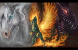Size: 1800x1150 | Tagged: safe, artist:antarija, derpibooru import, tianhuo, dragon, horse, hybrid, longma, them's fightin' herds, community related, epic, female, fiery wings, mane of fire, realistic, solo, wings