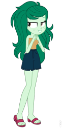 Size: 637x1267 | Tagged: safe, artist:ajosterio, derpibooru import, wallflower blush, human, equestria girls, clothes, female, freckles, legs, lidded eyes, pockets, sandals, shorts, simple background, smiling, solo, transparent background, tube top
