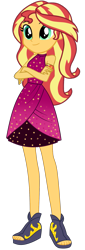 Size: 691x2034 | Tagged: safe, artist:ajosterio, derpibooru import, sunset shimmer, better together, equestria girls, spring breakdown, armband, bare shoulders, clothes, crossed arms, cute, dress, female, geode of empathy, legs, magical geodes, shimmerbetes, shoes, simple background, sleeveless, smiling, solo, spring break, sun, transparent background