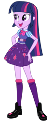 Size: 465x1081 | Tagged: safe, artist:ajosterio, derpibooru import, twilight sparkle, equestria girls, bangs, bowtie, clothes, denim, denim skirt, female, geode of telekinesis, hand on hip, magical geodes, open mouth, pockets, sci-twi outfits, shirt, shoes, short sleeves, simple background, skirt, smiling, socks, solo, transparent background