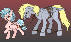 Size: 1700x1000 | Tagged: safe, artist:mechanakal, derpibooru exclusive, derpibooru import, cozy glow, derpy hooves, pegasus, pony, abuse, bondage, bound wings, bow, cheek fluff, chest fluff, commission, cozydom, cross-eyed, crying, curly hair, curly mane, derpybuse, duo, duo female, ears, evil grin, female, filly, floppy ears, fluffy, foal, folded wings, gradient background, grin, hair bow, head down, leash, looking at someone, looking back, looking down, mare, messy mane, nose wrinkle, raised hoof, raised leg, rope, rope bondage, sad, smiling, teary eyes, trotting, wavy mouth, wings