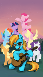 Size: 1080x1920 | Tagged: safe, artist:brella, derpibooru import, applejack, fluttershy, pinkie pie, rainbow dash, rarity, twilight sparkle, oc, oc:4everfreebrony, guitar, mane six, musical instrument