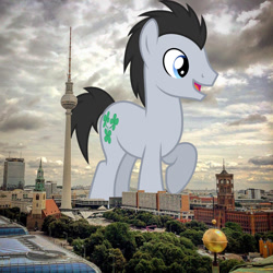 Size: 1080x1080 | Tagged: safe, artist:dashiesparkle, artist:jaredking779, derpibooru import, lucky clover, earth pony, pony, background pony, berlin, germany, giant pony, giant/macro earth pony, highrise ponies, irl, macro, male, mega giant, open mouth, photo, ponies in real life, raised hoof, raised leg, smiling, solo, stallion