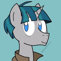 Size: 1600x1600 | Tagged: safe, artist:nickonimura, derpibooru import, stygian, pony, unicorn, blue background, bust, cloak, clothes, male, portrait, simple background, smiling, solo, stallion