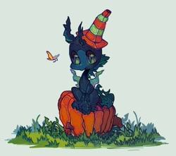 Size: 1213x1071 | Tagged: safe, artist:zira_dawn, derpibooru import, oc, oc only, butterfly, changeling, changeling oc, chibi, grass, pumpkin, solo, traffic cone