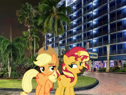 Size: 2048x1536 | Tagged: safe, artist:cloudyglow, artist:famousmari5, artist:jaredking779, derpibooru import, applejack, sunset shimmer, earth pony, pony, unicorn, applejack's hat, clothes, cowboy hat, duo, female, florida, freckles, hat, irl, mare, miami gardens, photo, ponies in real life, smiling, stetson, story included