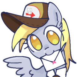 Size: 2048x2048 | Tagged: safe, artist:omelettepony, derpibooru import, derpy hooves, pegasus, pony, clothes, colored pupils, cute, delivery pony, derp, derpabetes, eye clipping through hair, female, hat, heart, letter, looking at you, love letter, mare, no pupils, simple background, smiling, smiling at you, solo, spread wings, uniform, white background, wings