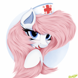Size: 4000x4000 | Tagged: safe, artist:ser-p, derpibooru import, nurse redheart, pony, absurd resolution, alternate hairstyle, lidded eyes, looking at you, nurse, open mouth, open smile, simple background, smiling, smiling at you, solo, white background