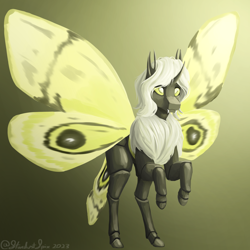 Size: 4000x4000 | Tagged: safe, artist:stardustspix, oc, oc:io, changeling, hybrid, mothling, original species, chest fluff, fangs, female, solo, transgender, wings