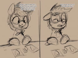 Size: 2048x1535 | Tagged: safe, artist:phutashi, derpibooru import, oc, oc only, oc:phutashi, pony, 2 panel comic, beige background, comic, dialogue, glasses, holiday, male, monochrome, round glasses, simple background, sketch, solo, stallion, valentine, valentine's day