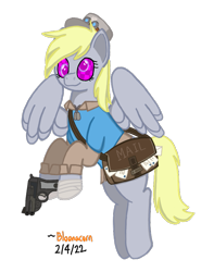 Size: 595x806 | Tagged: safe, artist:bloonacorn, derpibooru import, derpy hooves, pegasus, pony, bag, gun, handgun, mailbag, pistol, simple background, solo, team fortress 2, transparent background, weapon, wingding eyes