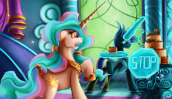 Size: 1500x867 | Tagged: safe, artist:jamescorck, derpibooru import, princess celestia, oc, pony, unicorn, cake, food, magic, stop sign