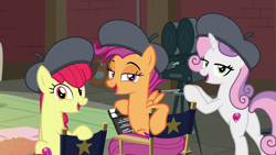 Size: 1280x720 | Tagged: safe, derpibooru import, screencap, apple bloom, scootaloo, sweetie belle, earth pony, pegasus, pony, unicorn, growing up is hard to do, season 9, spoiler:s09, bedroom eyes, beret, bipedal, camera, cutie mark crusaders, female, hat, looking at you, looking back, looking back at you, older, older apple bloom, older scootaloo, older sweetie belle, the cmc's cutie marks, trio, trio female