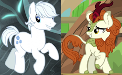 Size: 1300x800 | Tagged: safe, derpibooru import, edit, edited screencap, screencap, autumn blaze, double diamond, earth pony, kirin, sounds of silence, the cutie map, autumndiamond, cropped, female, male, shipping, shipping domino, smiling, stallion, straight