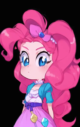 Size: 448x704 | Tagged: safe, derpibooru import, machine learning generated, pinkie pie, human, equestria girls, :i, anime, black background, female, pinegraph, simple background, solo