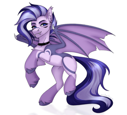 Size: 1826x1655 | Tagged: safe, artist:enderbee, derpibooru import, oc, oc only, bat pony, pony, bat pony oc, bat wings, chest fluff, ear fluff, ears, eyes closed, fangs, full body, long tail, many eyes, multicolored hair, oc name needed, piercing, simple background, smiling, solo, spread wings, tail, white background, wings