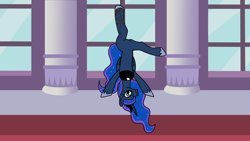 Size: 1920x1080 | Tagged: safe, artist:platinumdrop, derpibooru import, princess luna, alicorn, pony, annoyed, canterlot castle, female, hanging, hanging upside down, luna is not amused, mare, request, royalty, solo, unamused, upside down