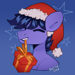 Size: 2570x2570 | Tagged: safe, artist:sugarstar, derpibooru import, oc, oc:dinka mish, earth pony, pony, christmas, eyes closed, hat, holiday, present, santa hat, simple background, solo, stars