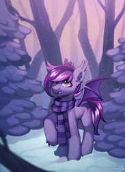 Size: 2021x2756 | Tagged: safe, artist:sugarstar, derpibooru import, oc, oc only, oc:dark cherry, bat pony, pony, bat pony oc, clothes, ear piercing, earring, jewelry, open mouth, piercing, raised hoof, raised leg, scarf, scenery, snow, snowfall, solo, striped scarf, tree