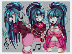 Size: 1175x880 | Tagged: safe, artist:granatty, derpibooru import, sonata dusk, human, equestria girls, boots, breasts, clothes, coffee cup, cup, disguise, disguised siren, eyeshadow, gem, jacket, makeup, music notes, peace sign, ponytail, shoes, siren gem, sitting, skirt, solo, sonata bust