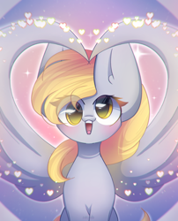 Size: 1700x2100 | Tagged: safe, artist:miryelis, derpibooru import, derpy hooves, pegasus, pony, blushing, cute, happy, heart, looking at you, short hair, simple background, smiling, smiling at you, solo, spread wings, wings
