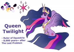 Size: 2388x1668 | Tagged: safe, artist:magoconut, derpibooru import, princess twilight 2.0, twilight sparkle, twilight sparkle (alicorn), alicorn, pony, the last problem, accessories, alternate cutie mark, alternate design, alternate hairstyle, alternate universe, color palette, colored wings, concave belly, crown, cutie mark, ethereal mane, ethereal tail, future, gradient mane, gradient tail, gradient wings, jewelry, lidded eyes, lightly watermarked, long mane, long tail, older, older twilight, peytral, queen, reference sheet, regalia, slim, solo, starry mane, starry tail, starry wings, tail, tall, thin, two toned wings, watermark, wings