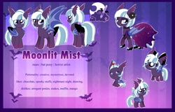 Size: 4397x2807 | Tagged: safe, artist:spookyle, derpibooru import, oc, oc:moonlit mist, bat, bat pony, pony, baby, baby pony, bat pony oc, bat wings, bow, choker, clothes, colored wings, dress, ear tufts, female, filly, flower, flower in hair, foal, folded wings, freckles, grand galloping gala, hair bow, mare, reference sheet, shoes, solo, spread wings, striped background, tail, tail bow, wings