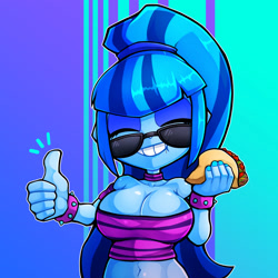 Size: 1543x1543 | Tagged: safe, artist:kyouman1010, derpibooru import, sonata dusk, equestria girls, bare shoulders, big breasts, breasts, choker, eyes closed, female, food, grin, midriff, sleeveless, smiling, sonata bust, sunglasses, taco, that siren sure does love tacos, thumbs up