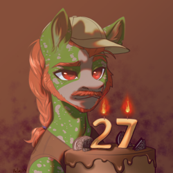 Size: 594x594 | Tagged: safe, artist:helemaranth, derpibooru import, oc, oc:well geboren, dog, dog pony, earth pony, original species, pony, bewildered, birthday, brow raised, cake, clothes, cookie, facial hair, food, hair tie, hat, oreo, solo, vest