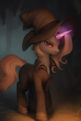 Size: 1024x1536 | Tagged: safe, derpibooru import, editor:craft, generator:purplesmart.ai, generator:stable diffusion, machine learning generated, trixie, pony, unicorn, clothes, costume, dark background, glowing, glowing horn, hat, horn, looking at you, solo