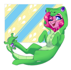 Size: 2592x2526 | Tagged: safe, artist:honeybbear, derpibooru import, gummy, pinkie pie, alligator, earth pony, pony, clothes, costume, duo, kigurumi, looking at you, one eye closed, onesie, open mouth, open smile, simple background, smiling, transparent background, wink