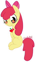 Size: 411x680 | Tagged: safe, artist:annakat101, derpibooru import, apple bloom, earth pony, pony, apple, apple bloom's bow, bow, female, filly, foal, food, hair bow, simple background, smiling, solo, white background