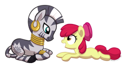 Size: 800x436 | Tagged: safe, artist:deerspit, derpibooru import, apple bloom, zecora, earth pony, pony, zebra, apple bloom's bow, bow, duo, female, filly, foal, hair bow, looking at each other, looking at someone, lying down, mare, prone, simple background, sploot, transparent background